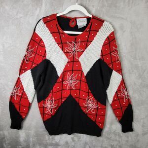 Christine Sweater Womens L Multicolor Floral Long Sleeve Round Neck Beaded‎